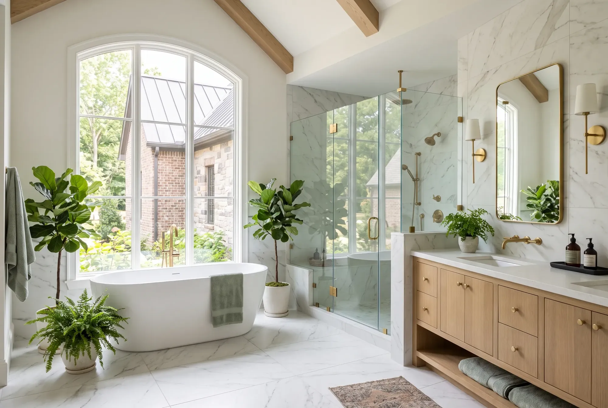 Spa-style primary bathroom with a freestanding tub under a window, curbless glass shower and white oak double vanity