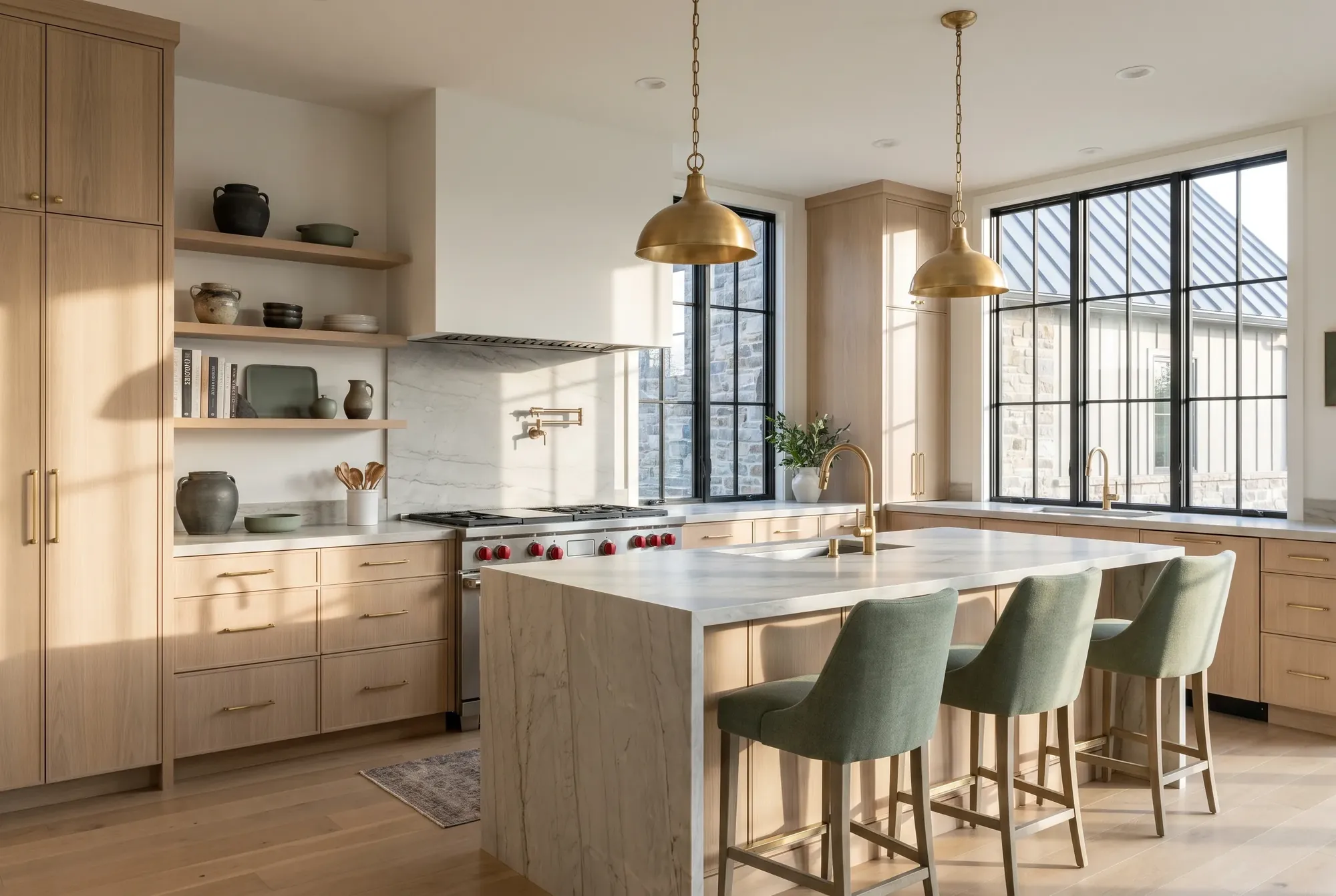 Remodeled luxury kitchen with white oak cabinets, a quartzite waterfall island and brass hardware in morning light