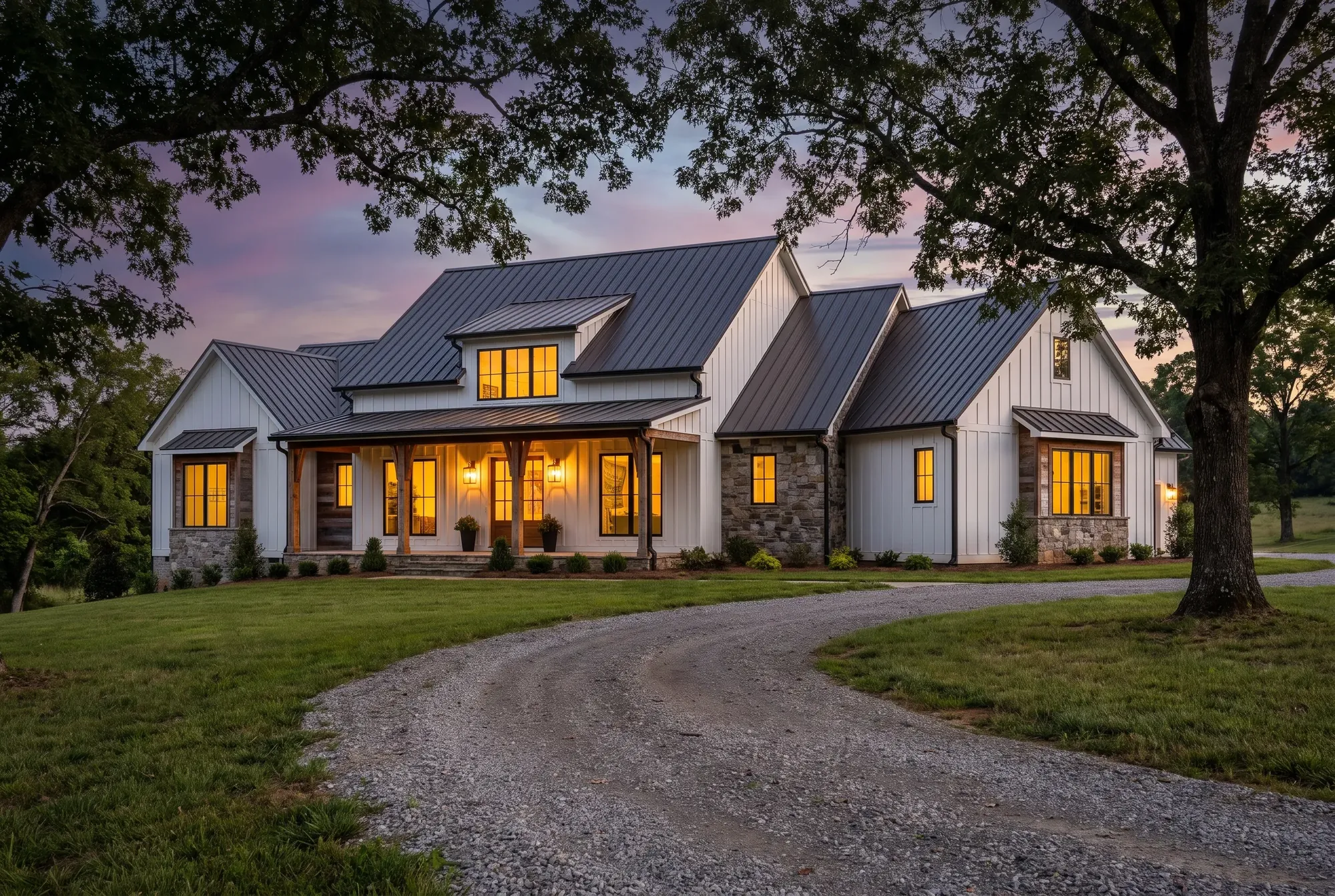 Custom home under evening light in Middle Tennessee, built by Southern Belle Construction